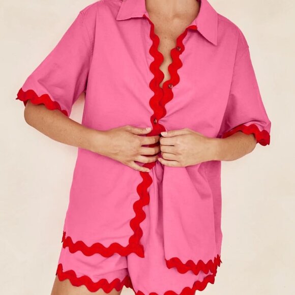 Women’s Pink and Red Two Piece Set Button Top with Scallop Trim size Large - Picture 2 of 10